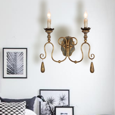 Candle Metal Wall Mount Light Fixture Countryside 2 Lights Bedroom Sconce in Gold/White