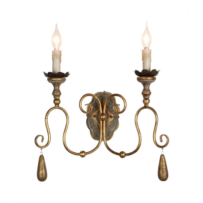 Candle Metal Wall Mount Light Fixture Countryside 2 Lights Bedroom Sconce in Gold/White