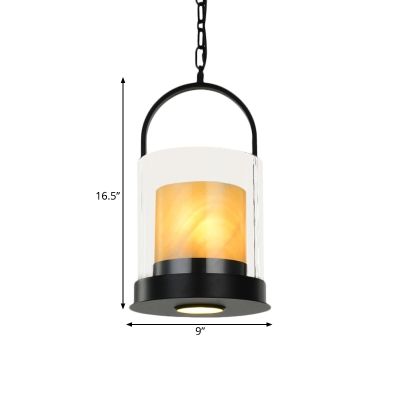 Clear Glass Cylinder Hanging Light Fixture Modern Style 2 Lights Indoor Ceiling Fixture with Inner Marble Shade