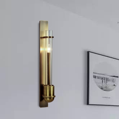 Column Clear Glass Sconce Traditionalism 1 Head Living Room LED Wall Light Fixture in Brass