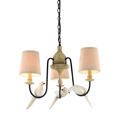 Contemporary Cone Fabric Chandelier Lamp 3/6 Lights Ceiling Pendant Light in Light Tan with Metal Bird Deco