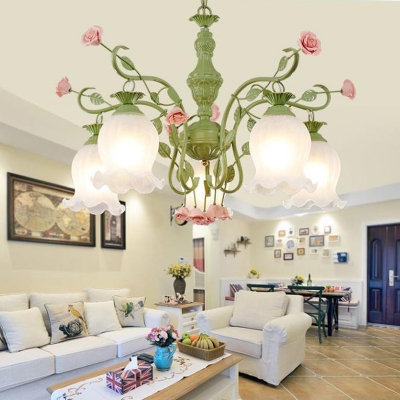 Countryside Flower Hanging Pendant 5 Heads Opal Glass Chandelier Lighting Fixture in White/Green for Living Room