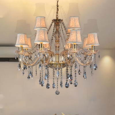 Faceted Crystal Conical Hanging Chandelier Modern 6/8/10 Lights Beige Ceiling Lamp with Clear Glass Drop