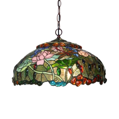 Flower Chandelier Pendant Light 3 Lights Pink/Green Stained Glass Victorian Hanging Ceiling Light for Dining Room