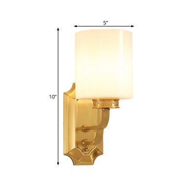Glass White Wall Mount Lamp Drum Shade 1 Light Modernist Stylish Wall Sconce Lighting in Brass