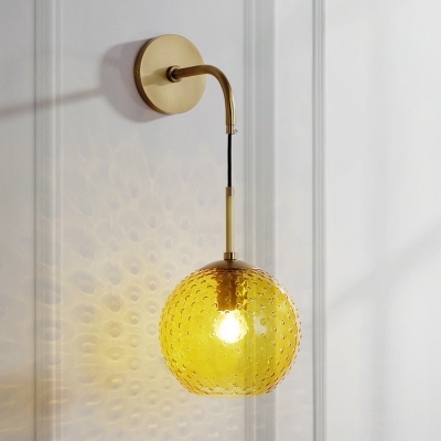 Globe Wall Mounted Lamp Retro Pink/Yellow/Blue Glass 1 Bulb Armed Sconce Light in Brass Finish
