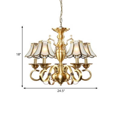Gold 3/5 Heads Ceiling Chandelier Colonial Opal Frosted Glass Wide Flare Suspended Lighting Fixture