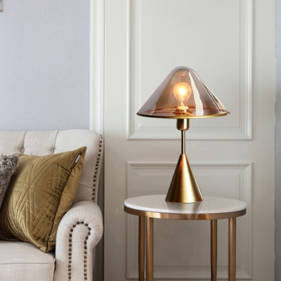 Gold Conical Task Lighting Modern Style 1 Light Amber Glass Small Desk Lamp for Bedside