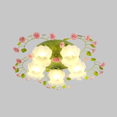 Green 5 Lights Flush Mount Fixture Countryside Frosted Glass Scalloped Ceiling Mounted Light for Living Room