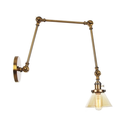 Industrial Cone Sconce Light 1 Light Clear/Amber Glass Wall Lamp Fixture in Black/Bronze/Brass with Adjustable Arm, 8