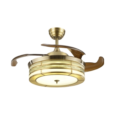 LED Round Ceiling Fan Vintage Gold Metal Semi Flush Mount Light for Living Room, Remote/Remote and Wall Control/Frequency Conversion