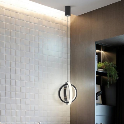 Metal Cross Ring Hanging Lamp Modernist Mini LED Suspended Lighting Fixture in Black, White/Warm Light