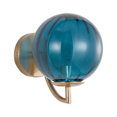 Modern 1 Bulb Sconce Light Brass Globe Wall Mounted Lighting with Blue Glass Shade