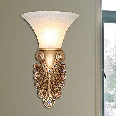 Modern Flared Wall Sconce 1 Light Frosted Glass Wall Light Fixture with Peacock Tail Backplate in Gold
