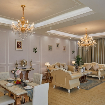 Modernist Candelabra Ceiling Chandelier Beveled Glass Crystal 8 Bulbs Living Room Pendant Light Fixture in Gold