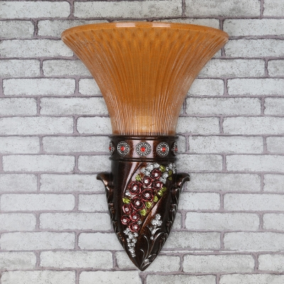Orange Glass Bell Flush Wall Sconce Farmhouse Style 1 Light Living Room Wall Mount Light in Gold/Red Brown