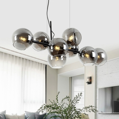 Orb Dining Room Island Lighting Idea Clear/Smoke Gray Glass 8 Lights Modern Style Hanging Lamp in Black/Gold