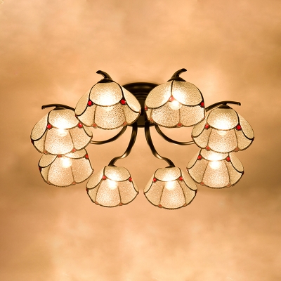 Scalloped Stained Glass Semi Flush Mount Lamp Tiffany 3/6/8 Heads Black Ceiling Light Fixture