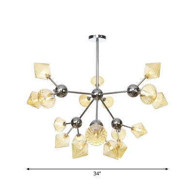Sputnik Living Room Hanging Fixture Amber/Clear Glass 3/9/12 Lights Industrial Chandelier Lamp with Diamond Shade, 13