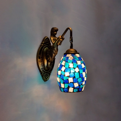 Tiffany Dome Vanity Lighting Fixture 1 Light Cut Glass Sconce Light in Blue/Red/Yellow with Mermaid Deco