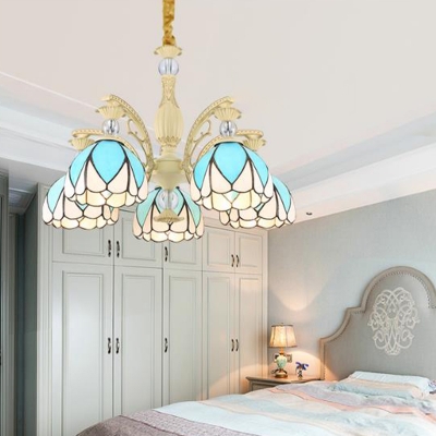 Tiffany Domed Shade Chandelier 3/5/9 Lights Sky Blue Glass Suspension Lighting Fixture for Living Room