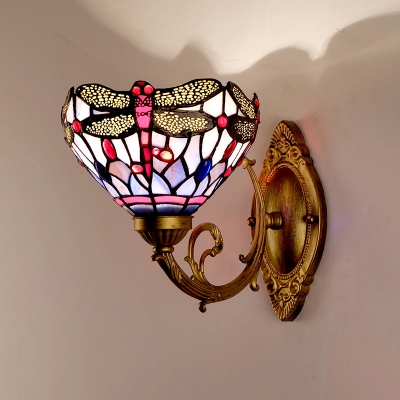 Tiffany Dragonfly Wall Mounted Lighting 1 Light Stained Art Glass Sconce in Brass for Bathroom