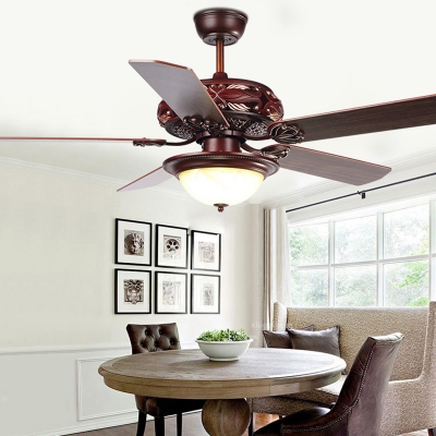 Vintage Bowl Ceiling Fan Lamp LED Wooden Semi Flush Mount Light Fixture in Red Brown