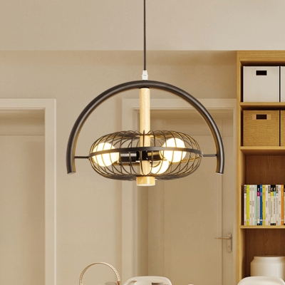 Vintage Wheel Cage Pendant Light 3 Lights Metal Chandelier Lamp in Black for Living Room