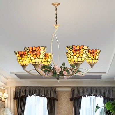 White Arched Chandelier Light Tiffany 6/8 Bulbs Handcrafted Stained Glass Down Lighting Pendant for Living Room