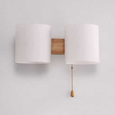 White Glass Cylinder Wall Lighting Asian 2 Heads Wood Sconce Light Fixture for Bedside
