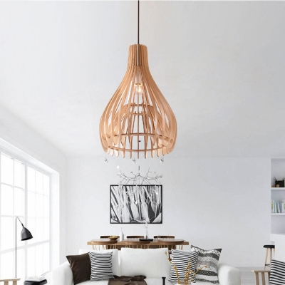 Wood Pear Ceiling Lighting Asian 1 Head Beige Hanging Pendant Light for Living Room