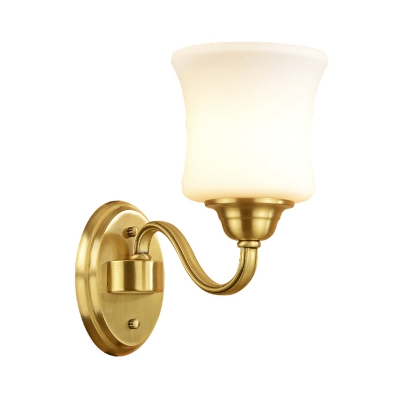 1/2-Head Cylindrical Wall Lamp Modernism Style White Glass Wall Mount Lighting with Gold Curved Arm