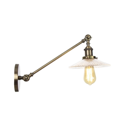 1 Light Clear Ribbed Glass Sconce Industrial Black/Bronze/Brass Saucer Living Room Lighting Fixture with Arm, 8
