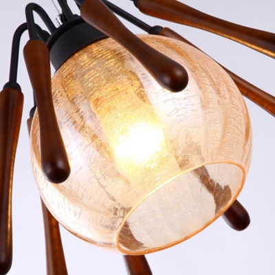 1 Light Conical Pendant Lamp Rustic Brown Wood Suspended Lighting Fixture with Global Cracked Glass Shade