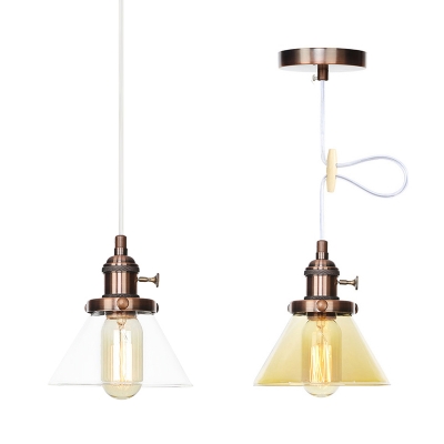 1 Light Indoor Hanging Pendant Light Industrial Style Black/Bronze/Brass Ceiling Lamp with Cone Amber/Clear Glass Shade