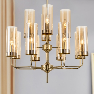 12 Heads Dining Room Chandelier Lamp Postmodern Gold Hanging Ceiling Light with Cylinder Blue/Cognac Glass Shade