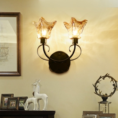 2 Bulbs Bell Wall Sconce Rustic Black Handblown Glass Wall Light for Hallway