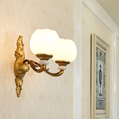 2 Lights Global Wall Mounted Light Modernist Style White Glass wall Lamp with Golden Carved Backplate