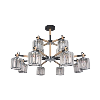 2 Tiers Clear Tri-Sided Crystal Rod Hanging Light Traditional 12 Heads Living Room Chandelier Lamp