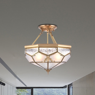3/4/6 Lights Living Room Semi Flush Mount Traditional Gold Semi Flush Light with Faceted Frosted Glass Shade
