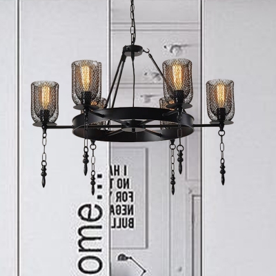 3/6 Heads Restaurant Chandelier Lighting Industrial Style Black Pendant Lighting with Bell Metal Mesh Shade