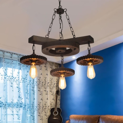 3/7 Lights Exposed Bulb Suspension Chandelier Pendant Light Rust Metal Ceiling Lamp for Kitchen with Gear Deco