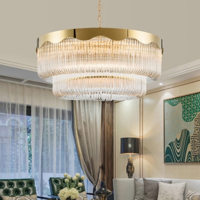 8 Heads Crystal Rod Hanging Light Fixture Traditional Gold 2 Tiers Living Room Chandelier Light