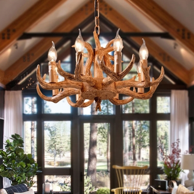 8 Lights Exposed Chandelier Light Fixture Traditional Style Wood Resin Hanging Lamp with Antlers Design