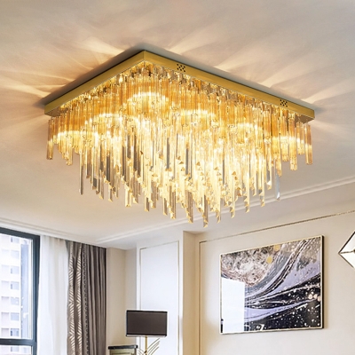 9 Heads Layered Flushmount Modernism Clear Crystal Ceiling Light Fixture with Rectangle Canopy