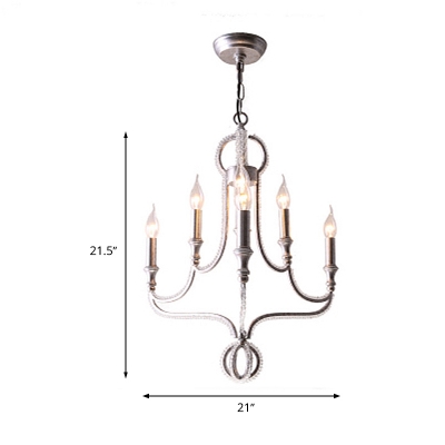 Aged Silver Candle Chandelier Lamp Tradition 6 Heads Metal Hanging Ceiling Light with Crystal Bead