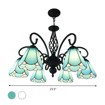 Arched White/Blue Glass Ceiling Chandelier Tiffany Style 3/5/6 Lights Black Pendant Lighting Fixture for Bedroom