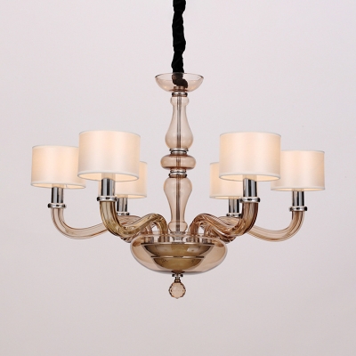 Armed Chandelier Lamp Traditionary White Glass 6/8/12 Heads Pendant Light Fixture with Drum Fabric Shade