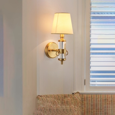 Barrel Fabric Shade Sconce Light Vintage 1 Head Bedroom Wall Mounted Light Fixture in Brass
