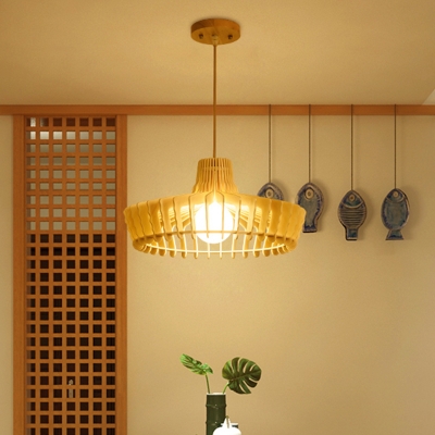 Beige Hat Pendant Lamp Chinese 1 Head Wood Hanging Light Fixture for Dining Room
